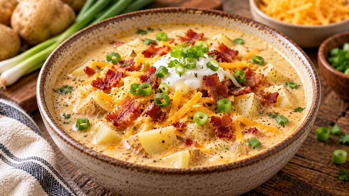 High protein loaded potato soup with potato chunks, cheddar, turkey bacon, Greek yogurt, scallions, and black pepper