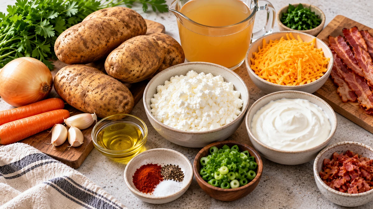 Russet potatoes, cottage cheese, Greek yogurt, milk, cheddar, turkey bacon, broth, onion, carrot, garlic, scallions, oil, and spices for loaded potato soup