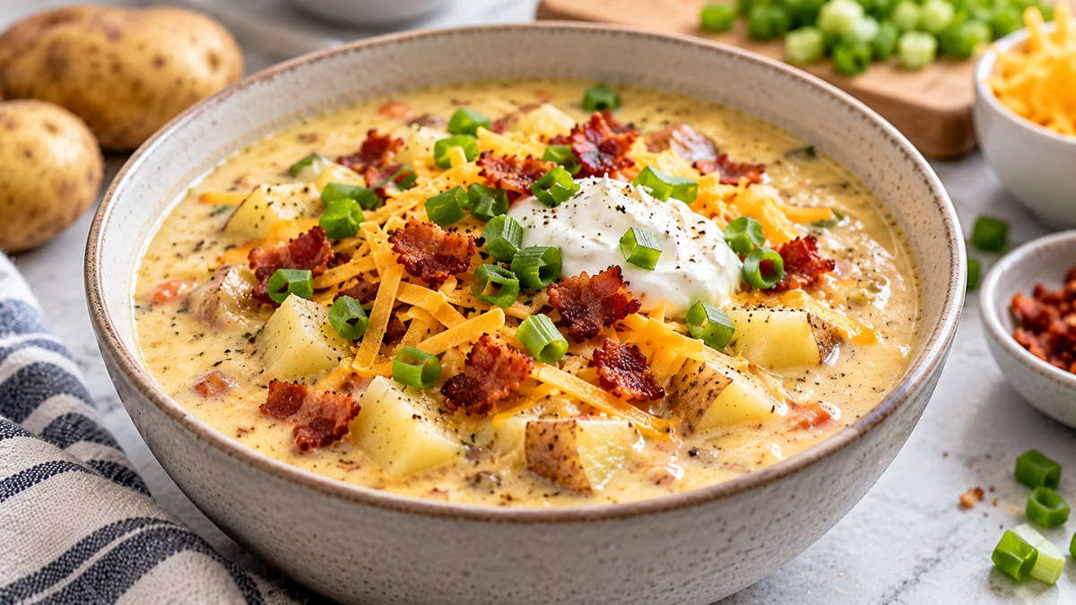 Creamy high protein loaded potato soup topped with cheddar, turkey bacon, Greek yogurt, scallions, and cracked pepper