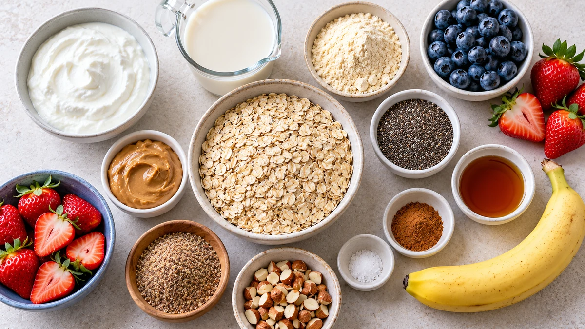 Ingredients for high protein overnight oats including rolled oats, Greek yogurt, milk, protein powder, chia seeds, fruit, and nut butter