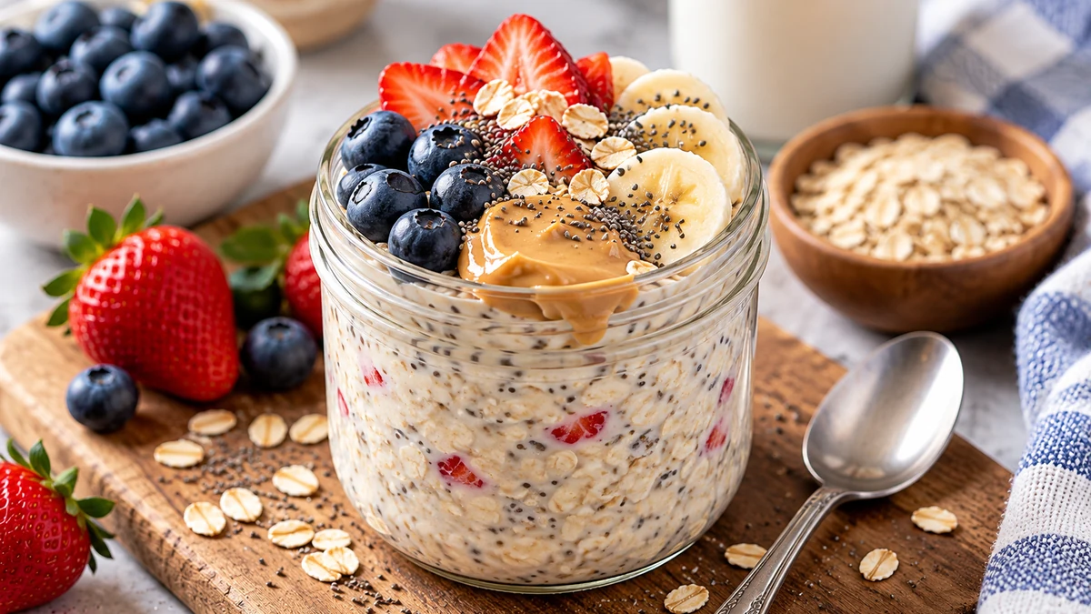 Glass jar of high protein overnight oats with berries, banana, chia seeds, and peanut butter