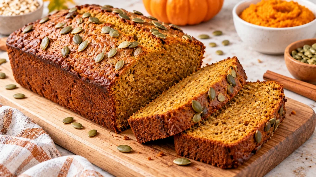 Sliced high protein pumpkin bread without protein powder topped with pepitas on a wooden board