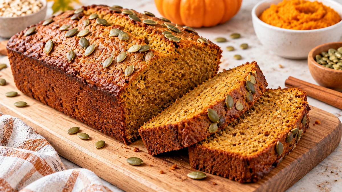 Sliced high protein pumpkin bread without protein powder topped with pepitas on a wooden board