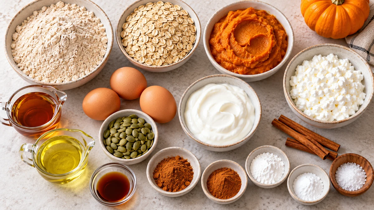 Whole wheat flour, oats, pumpkin, cottage cheese, Greek yogurt, eggs, maple syrup, oil, pepitas, vanilla, and spices for pumpkin bread