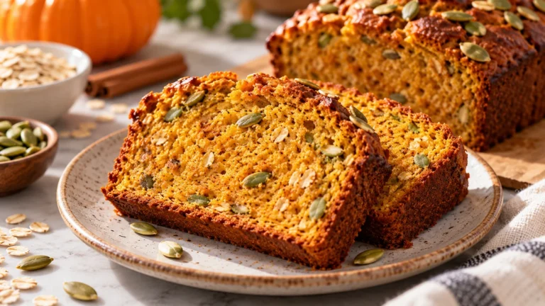 Two thick slices of high protein pumpkin bread with pumpkin seeds and a moist golden crumb