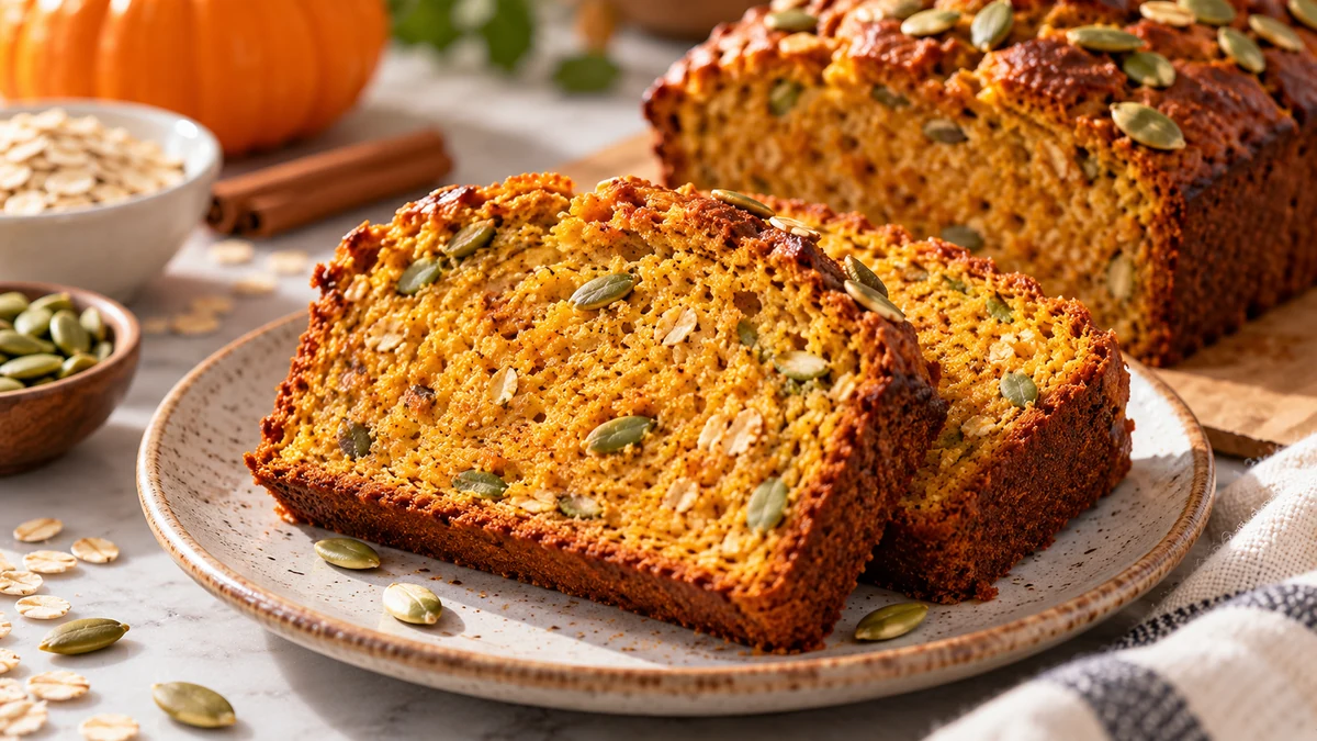 Two thick slices of high protein pumpkin bread with pumpkin seeds and a moist golden crumb