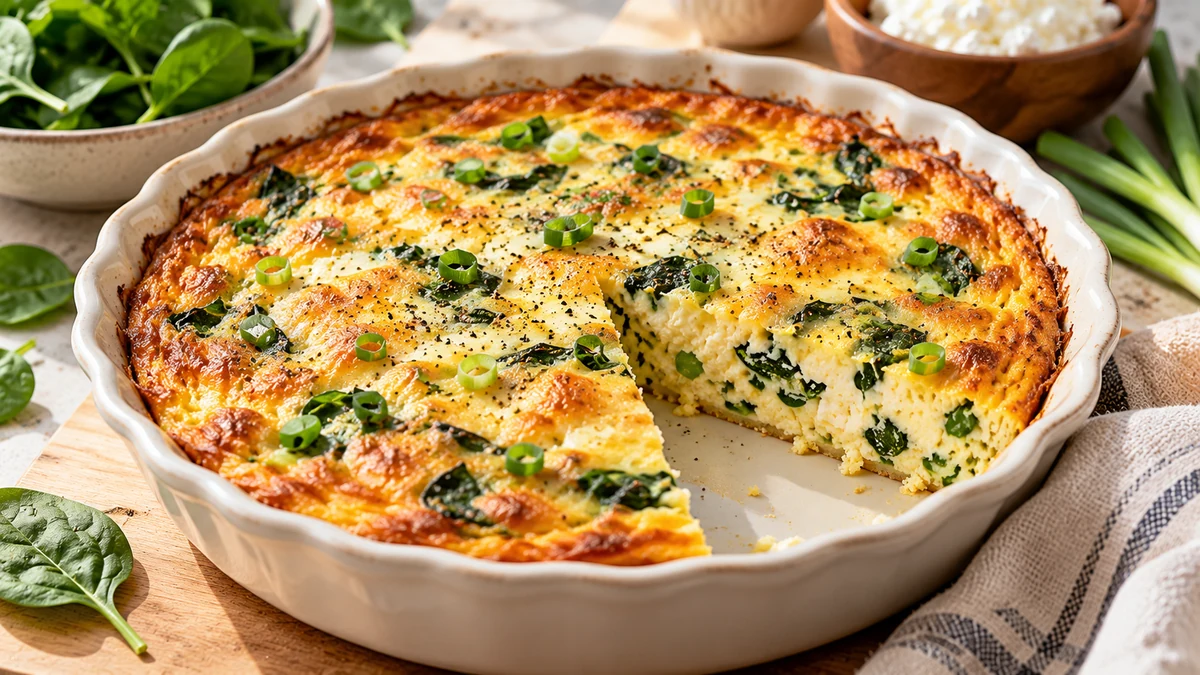 Crustless high protein quiche with cottage cheese, spinach, mozzarella, scallions, and turkey bacon