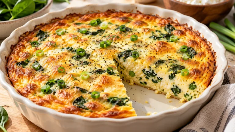 Slice of crustless high protein cottage cheese quiche with spinach, scallions, cheese, and turkey bacon