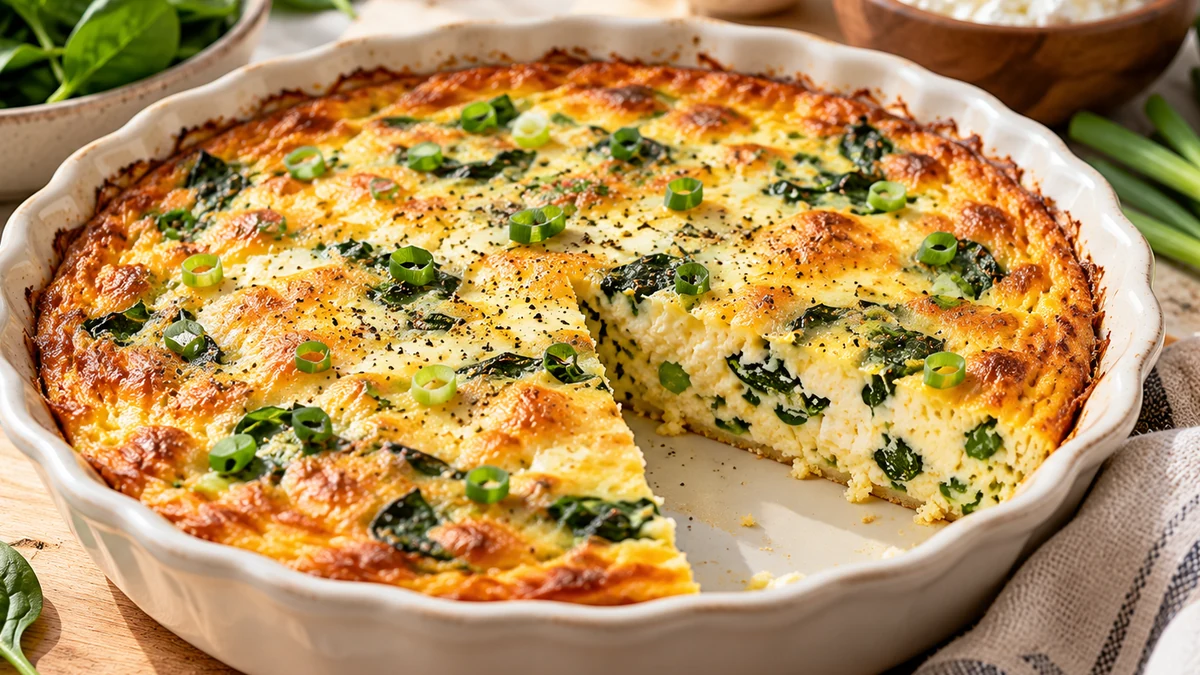 Slice of crustless high protein cottage cheese quiche with spinach, scallions, cheese, and turkey bacon