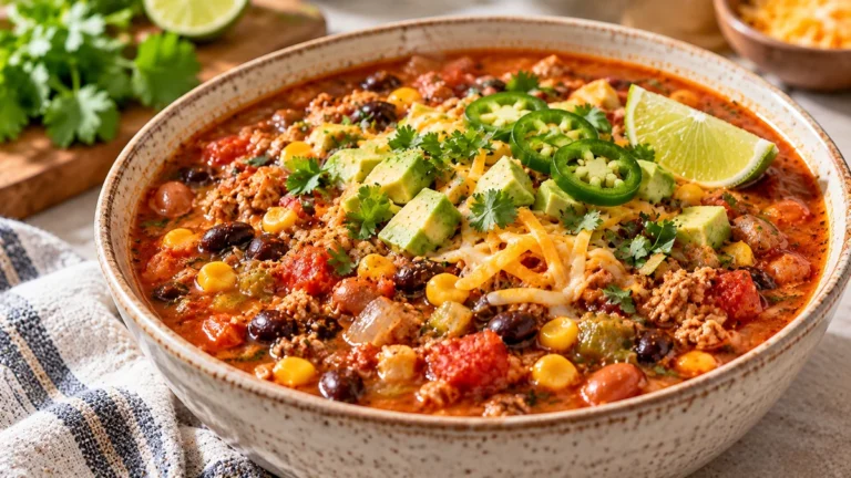 High protein taco soup with ground turkey, black beans, pinto beans, corn, tomatoes, avocado, cheddar, cilantro, jalapeno, and lime