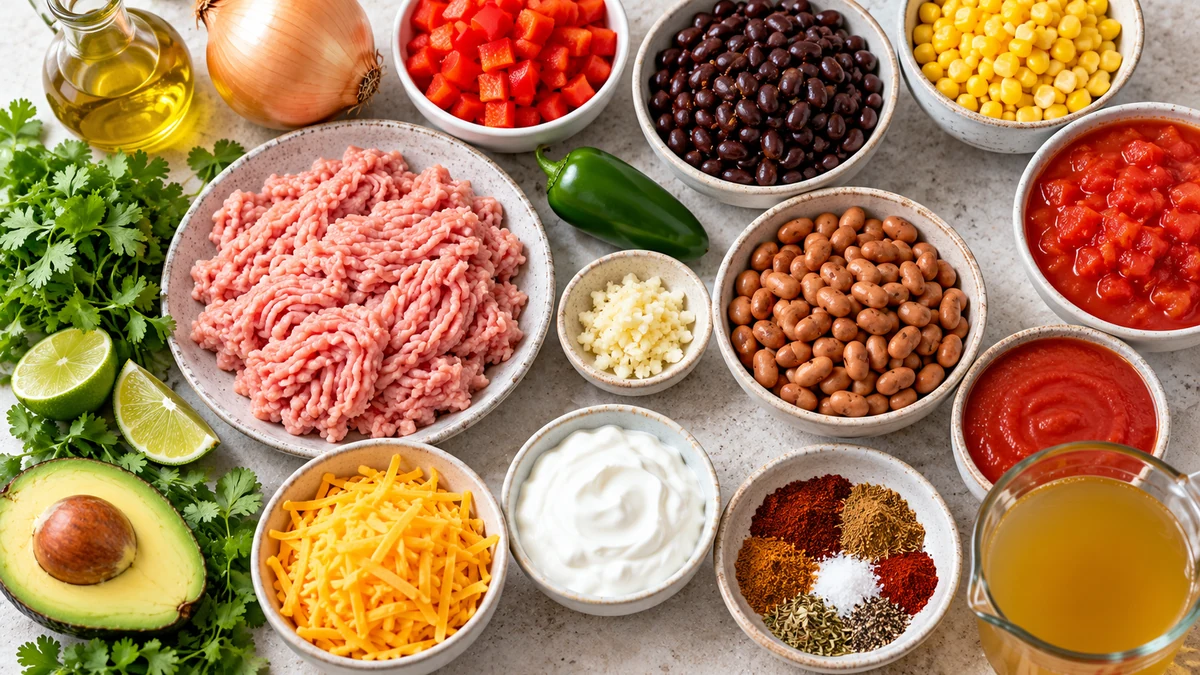 Ground turkey, black beans, pinto beans, corn, tomatoes, peppers, onion, broth, lime, cilantro, cheese, avocado, and taco spices for high protein taco soup