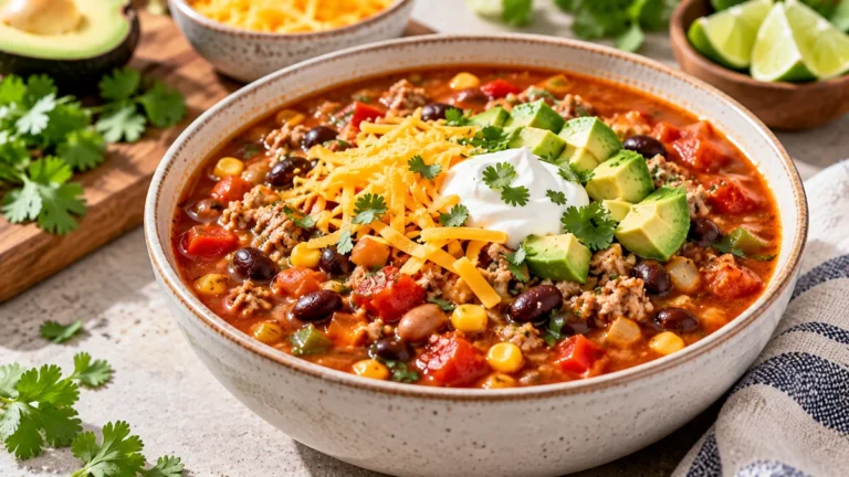 Bowl of high protein taco soup topped with cheddar, avocado, sour cream, cilantro, and lime