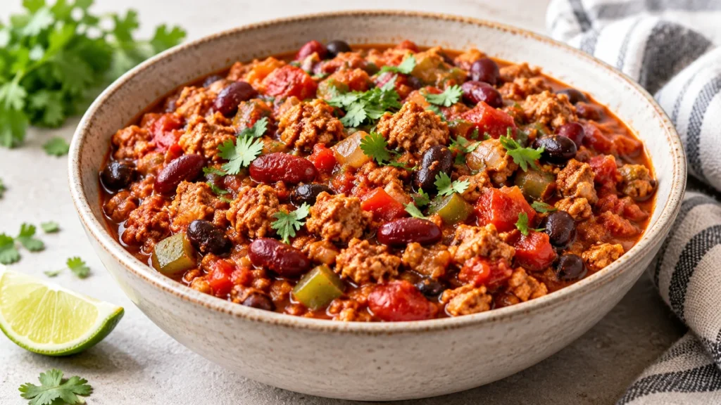 Bowl of high protein turkey chili with black beans, kidney beans, tomatoes, peppers, and cilantro