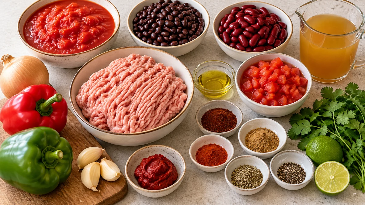 Ground turkey, black beans, kidney beans, tomatoes, peppers, onion, garlic, broth, lime, and spices for turkey chili