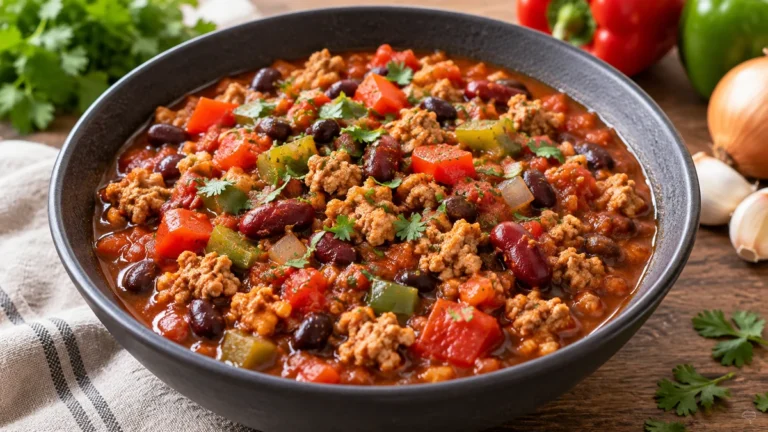 One-pot turkey chili with lean ground turkey, two kinds of beans, tomatoes, peppers, and herbs