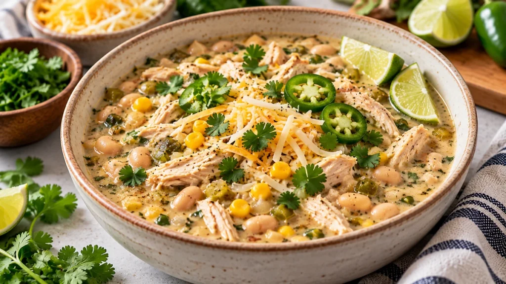 Bowl of creamy high protein white chicken chili with chicken, white beans, corn, green chiles, cilantro, jalapeño, and lime